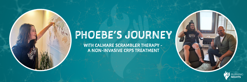 The backdrop has an abstract teal overlay. A graphic featuring two individuals smiling and seated, with one receiving Scrambler Therapy on her knee, is on the right. The left features Phoebe placing a pin on the map where she received her treatment in Germany. Text reads 'Phoebe's Journey with Calmare Scrambler Therapy - A non-invasive CRPS Treatment'. 