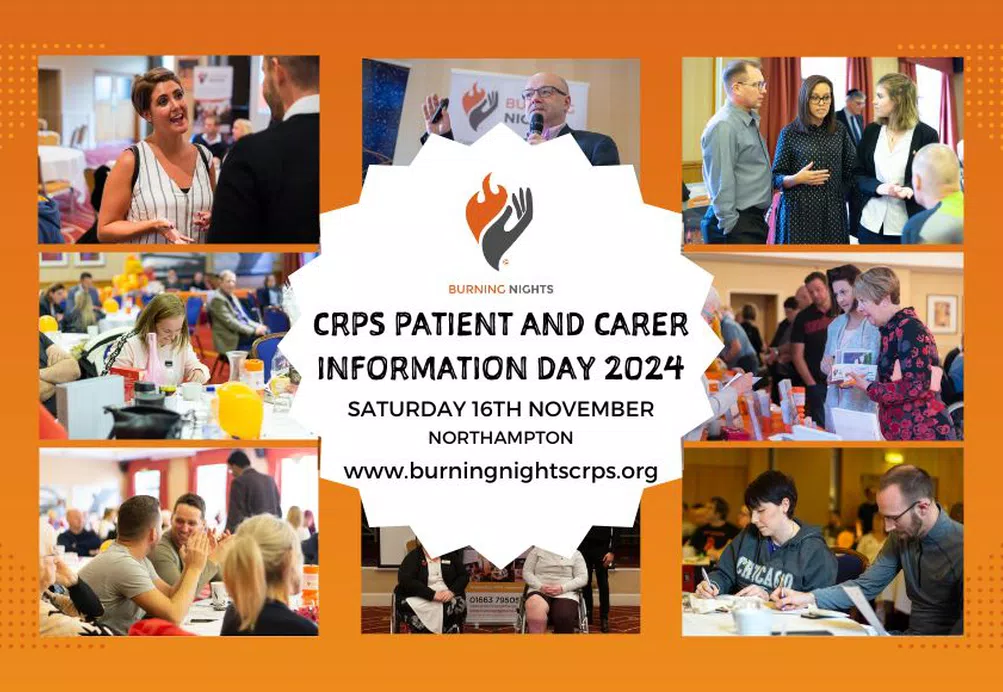 CRPS Patient and Carer Information Day 2024 on 3rd November in Nottingham. Images show discussions, group chats, and information sharing among attendees and speakers.