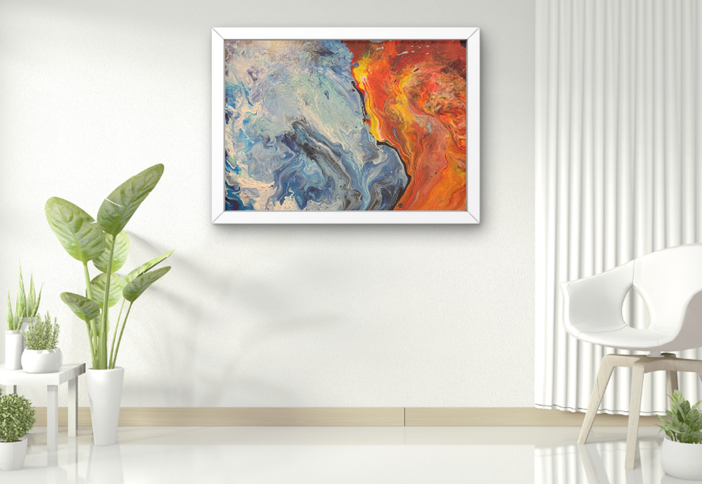 A modern interior with a framed abstract artwork entitled 'Fire and Ice', featuring swirling blue and fiery orange tones, displayed on a white wall. This piece is the prize for our charity raffle.