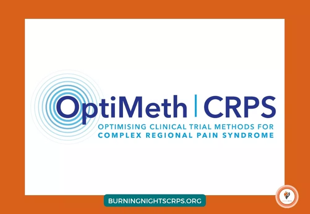 Image featuring the OptiMeth | CRPS logo, highlighting efforts to improve clinical trial methods for Complex Regional Pain Syndrome. It includes blue concentric rings, bold text, and the tagline beneath the logo. The website URL, BURNINGNIGHTSCRPS.ORG, ap