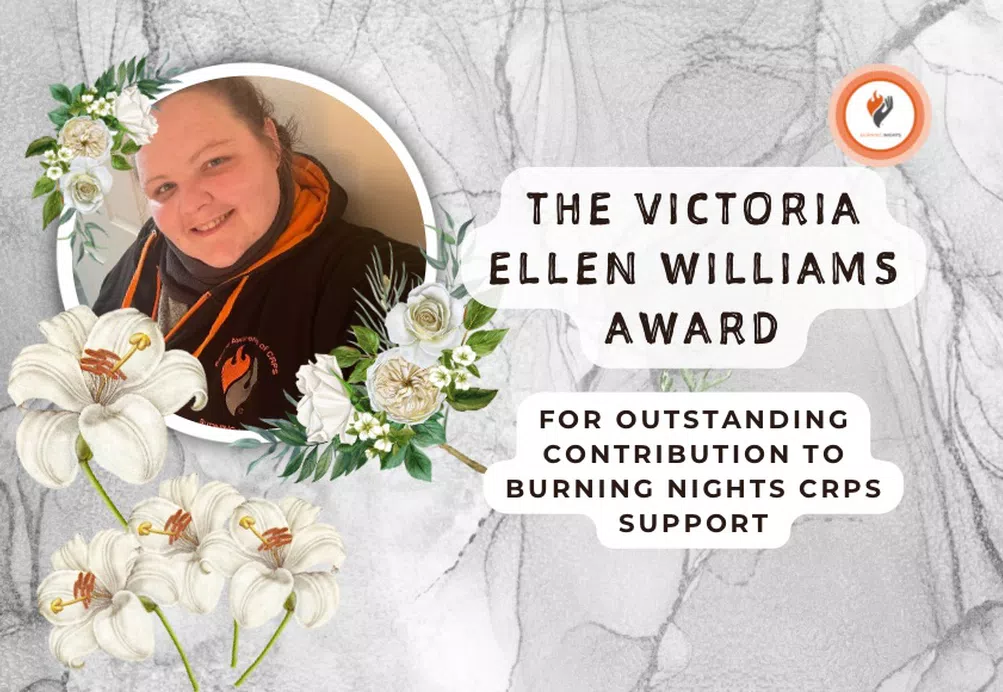 Grey background with white won an with brown hair on left with text that reads Victoria Ellen Williams Award for Outstanding Contribution