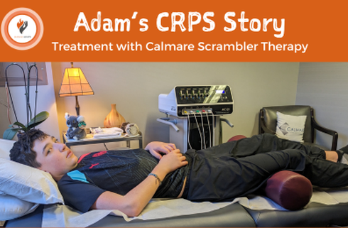 A young boy is lying down in a doctor's office having Calmare Scrambler Therapy, a treatment for CRPS
