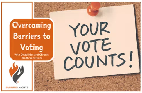 Corkboard with note reading 'Overcoming Barriers to Voting with Disabilities and Chronic Health Conditions.