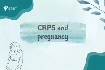 Dark grey text on a light blue background which read CRPS and pregnancy with an outline illustration of a pregnant woman