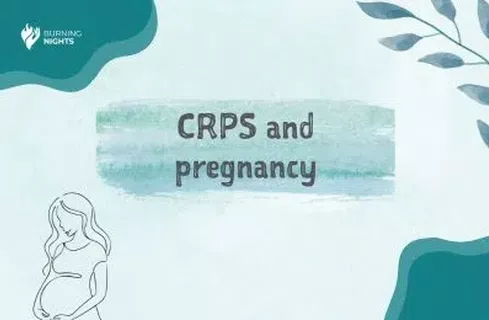 Dark grey text on a light blue background which read CRPS and pregnancy with an outline illustration of a pregnant woman