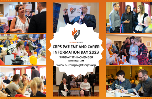 Collage of Annual CRPS Conference images, centre text reads "CRPS Patient and Carer Information Day 2023 - Sunday 5th November - Nottingham"