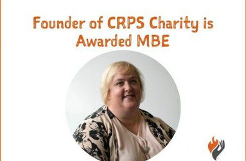Woman with blonde hair smiling, with text to say founder of CRPS charity is awarded MBE