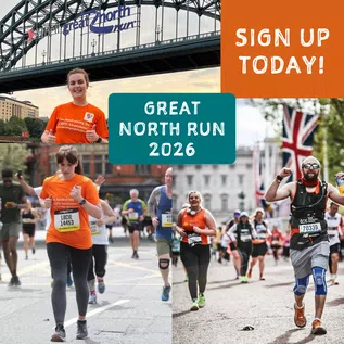 Great North Run 2026 - Thumbnail with collage of images of people participating in running races whilst wearing orange Burning Nights fundraising t-shirts, with the words "SIGN UP TODAY!" in the top right corner