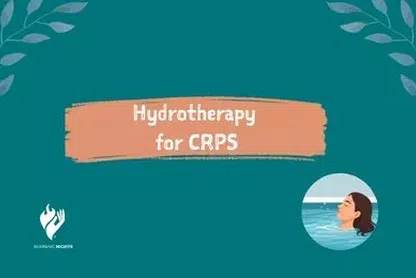 Text on a teal background read hydrotherapy for CRPS with a graphic of a woman in a pool
