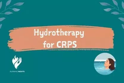 Text on a teal background read hydrotherapy for CRPS with a graphic of a woman in a pool