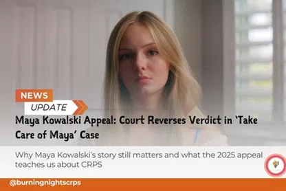 image showing Maya Kowalski with text overlay about the appeal update, highlighting the court reversal in the “Take Care of Maya” case and its relevance to CRPS awareness