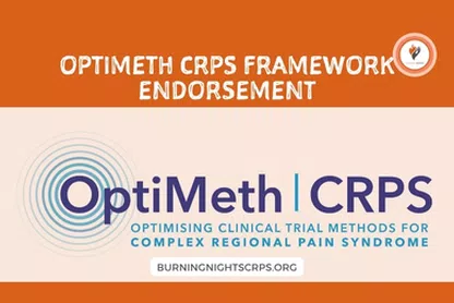Banner image announcing the endorsement of the OptiMeth CRPS framework. The top features bold white text on an orange background reading “OptiMeth CRPS Framework Endorsement,” alongside the Burning Nights logo. The center showcases the OptiMeth | CRPS log