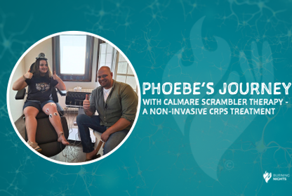 Alt: A graphic featuring two individuals smiling and seated, with one receiving Scrambler Therapy on her knee. Text reads 'Phoebe's Journey with Calmare Scrambler Therapy - A non-invasive CRPS Treatment'. The backdrop has an abstract teal overlay.