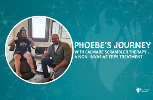 Alt: A graphic featuring two individuals smiling and seated, with one receiving Scrambler Therapy on her knee. Text reads 'Phoebe's Journey with Calmare Scrambler Therapy - A non-invasive CRPS Treatment'. The backdrop has an abstract teal overlay.