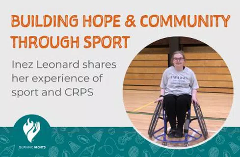 Building Hope and Community Through Sport. Inez Leonard shares her experience of sport and CRPS. Photograph of woman in a sports wheelchair on a basketball court.