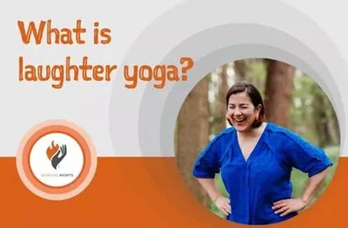 What is laughter yoga? Burning Nights CRPS Support. Image of laughing woman and Burning Nights CRPS Support logo..