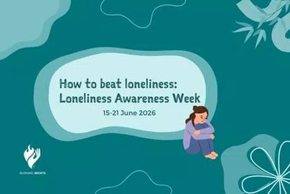 How to beat loneliness on a teal background with an illustration of a woman looking sad