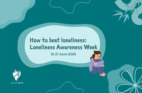 How to beat loneliness on a teal background with an illustration of a woman looking sad