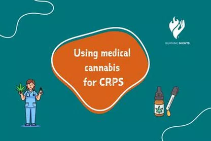 White text on an orange and teal background read Using medical cannabis for CRPS with a graphic of cannabis oil