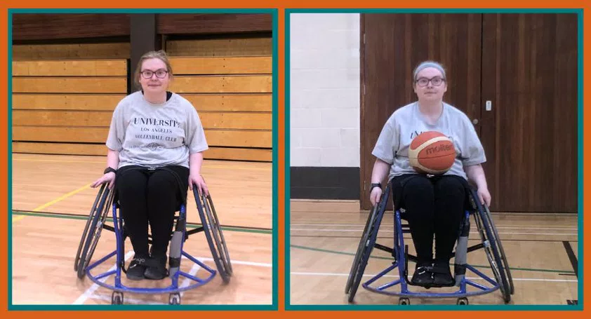 Two pictures of a woman in a sports wheelchair on a basketball court. There is grey foam padding on the left of the wheelchair frame.