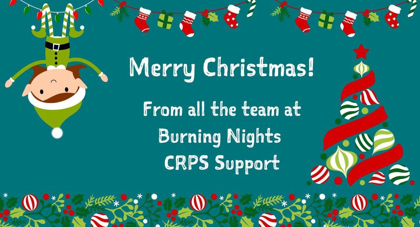 A cheeky elf hangs upside down from a string of liights next to a Christmas tree. Text says: Merry Christmas! From all the team at Burning Nights CRPS support.