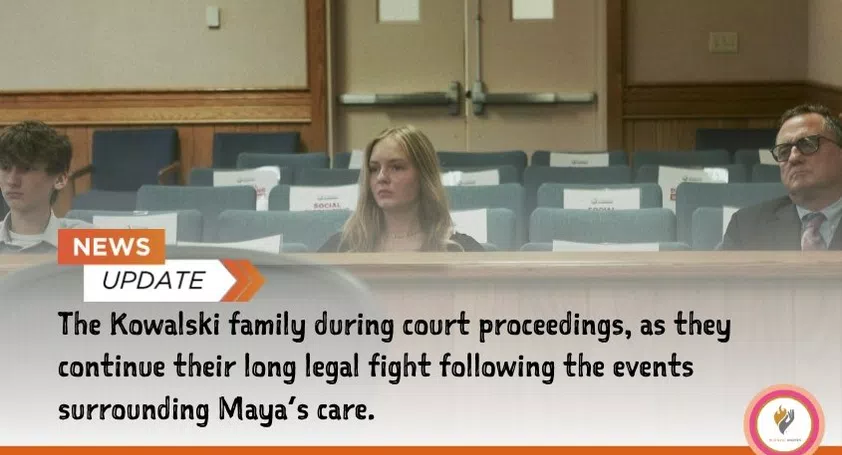 Maya Kowalski and family seated in a courtroom during legal proceedings