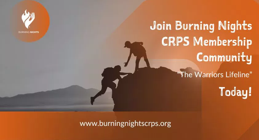 Black and orange image with 2 people reaching up to each other - Burning Nights CRPS Membership