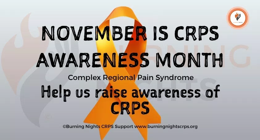 Orange ribbon in the background with text that reads November is CRPS Awareness Month