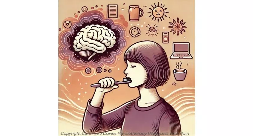 An illustration of a woman brushing her teeth with a diagram of a brain and icons representing all the things that she may experience that day, like working at her laptop, drinking a cup of tea, etc.