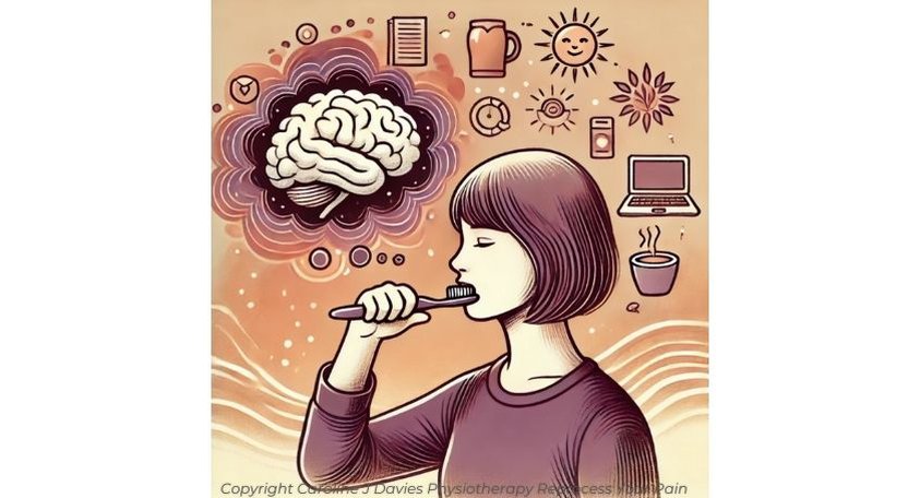 An illustration of a woman brushing her teeth with a diagram of a brain and icons representing all the things that she may experience that day, like working at her laptop, drinking a cup of tea, etc.