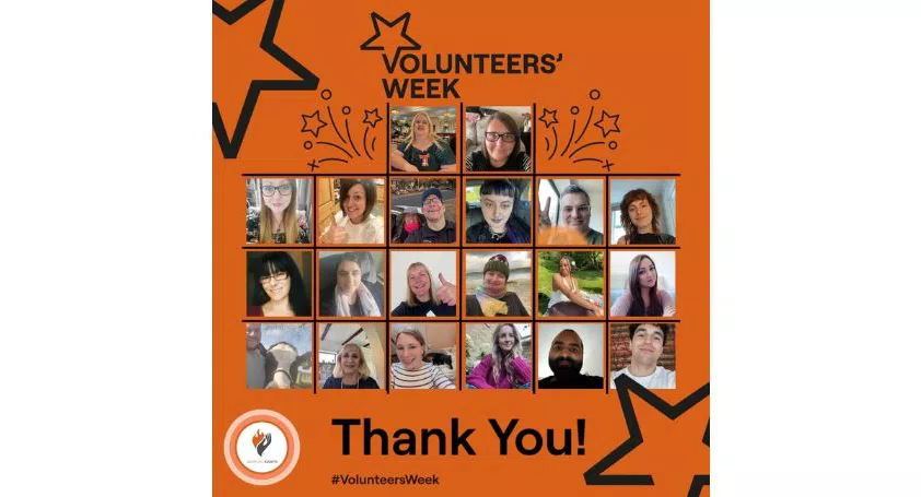 Volunteer Week 2025 - thank you. A collage of volunteers at Burning Nights CRPS Support.