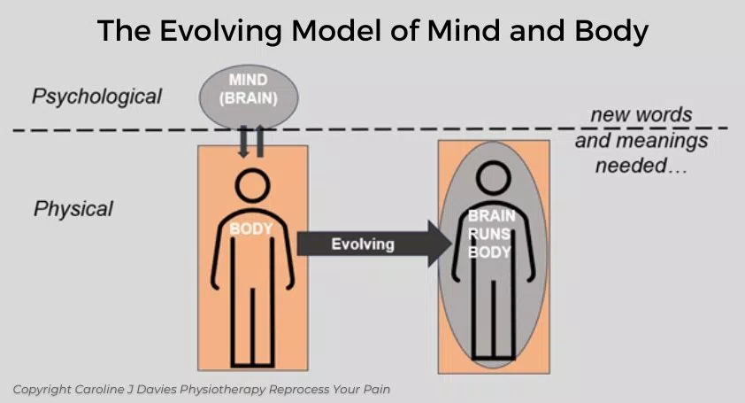 The evolving model of mind and body. Diagram illustrating how mind and body and previously been seperated in scientific thinking but there is an evolving school of thought that brings these together and requires new words and meanings to describe it.