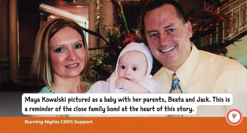 Maya Kowalski as a baby with her parents Beata and Jack in a family photo