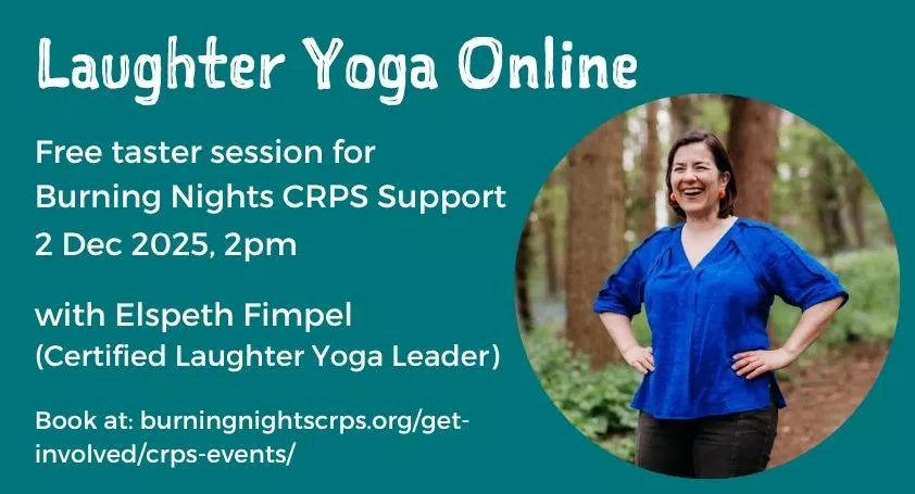 Laughter yoga online taster session for Burning Nights CRPS Support. On 2 December 2025 at 2pm with Elspeth Fimpel,  certified Laughter Yoga Leader
