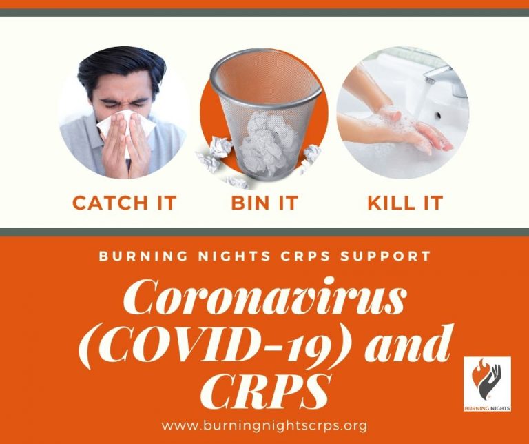 Coronavirus COVID-19 and CRPS – Catch it, Bin It, Kill it – remember to regularly wash your hands and keep good hand hygiene to help reduce the risk of developing coronavirus COVID-19