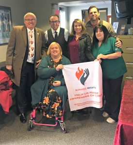 Fighting Back Against CRPS with Calmare Therapy – Burning Nights CRPS founder Victoria Abbott-Fleming, seated, toured the Calmare Therapy NJ USA’s offices in March 2018. (l to r) She is shown with husband Michael Abbott-Fleming, Dr. Michael Cooney, patient Star Williams with husband and Tim, and Cathy, Calmare Patient Care Coordinator. (Rutherford, New Jersey, USA.)